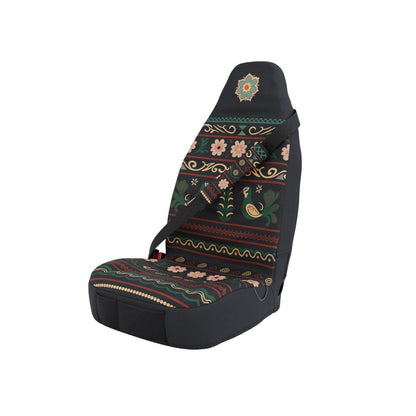 Indira padded seat belt covers (pair) by Solara Covers — black folk floral with deer motifs, machine washable