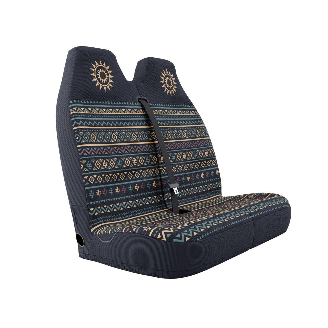 Lima double front seat cover installed on van bench — navy and orange Aztec print | Solara Covers