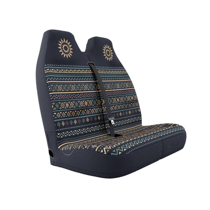Lima double front seat cover installed on van bench — navy and orange Aztec print | Solara Covers