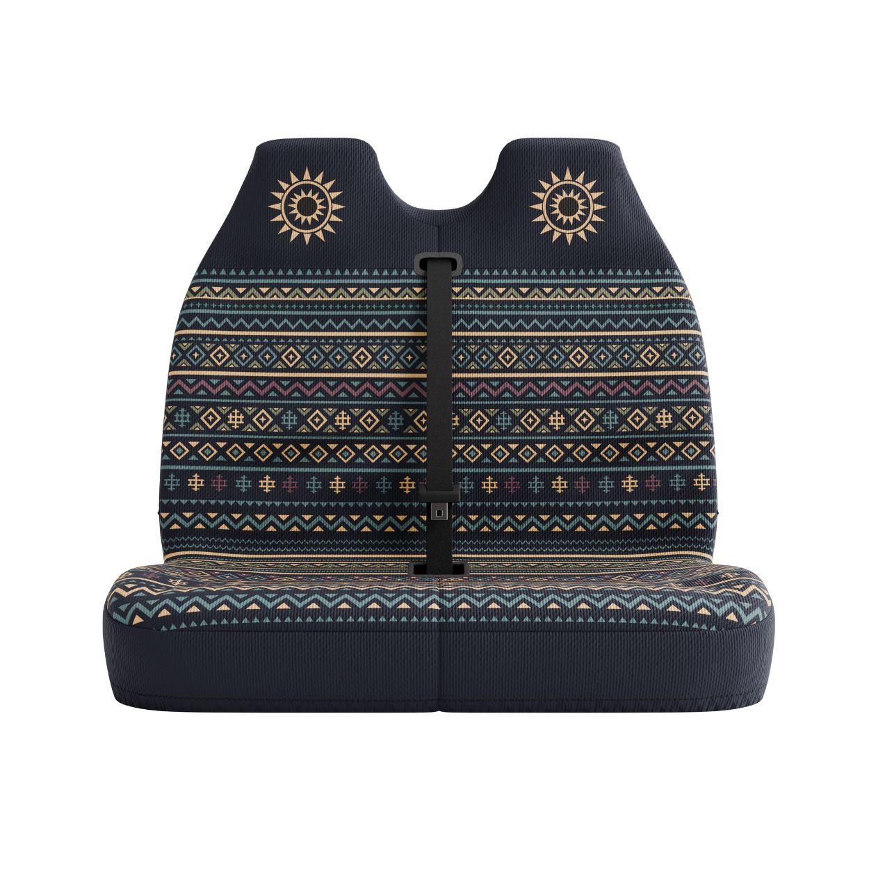 Lima double front seat cover by Solara Covers for van bench seats and campers — waterproof navy and orange design