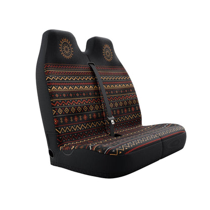 Luna double front seat cover installed on van bench — black and multicolor Aztec print | Solara Covers