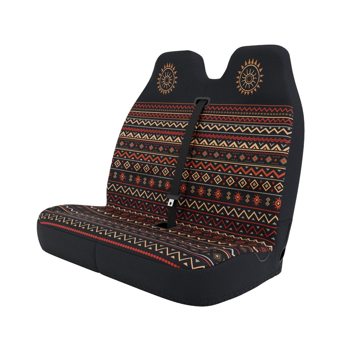 Luna double front cover styled in van interior — black and multicolor bench seat protection | Solara Covers