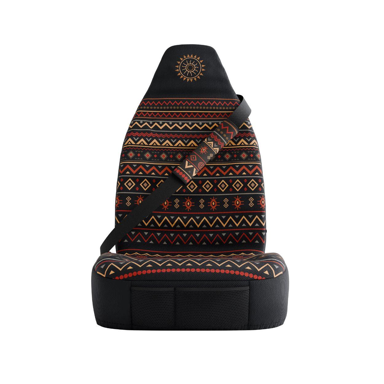 Luna seat belt sleeves styled in vehicle interior — black and multicolor padded comfort | Solara Covers