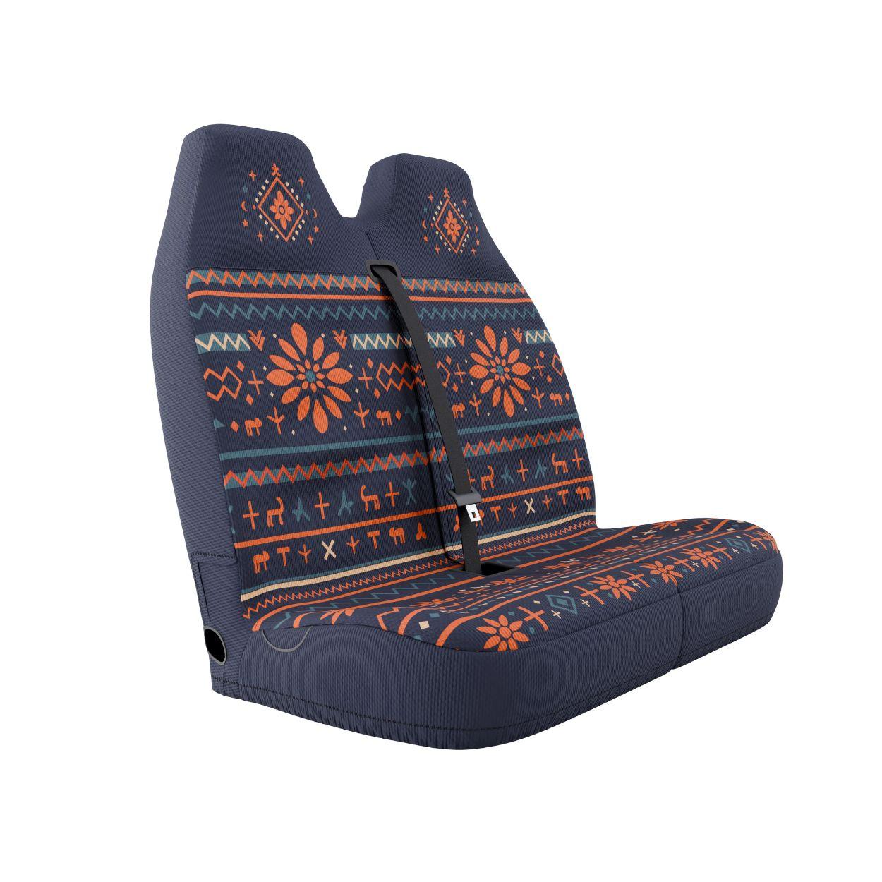 Mana double front seat cover installed on van bench — navy folk print with deer motifs | Solara Covers
