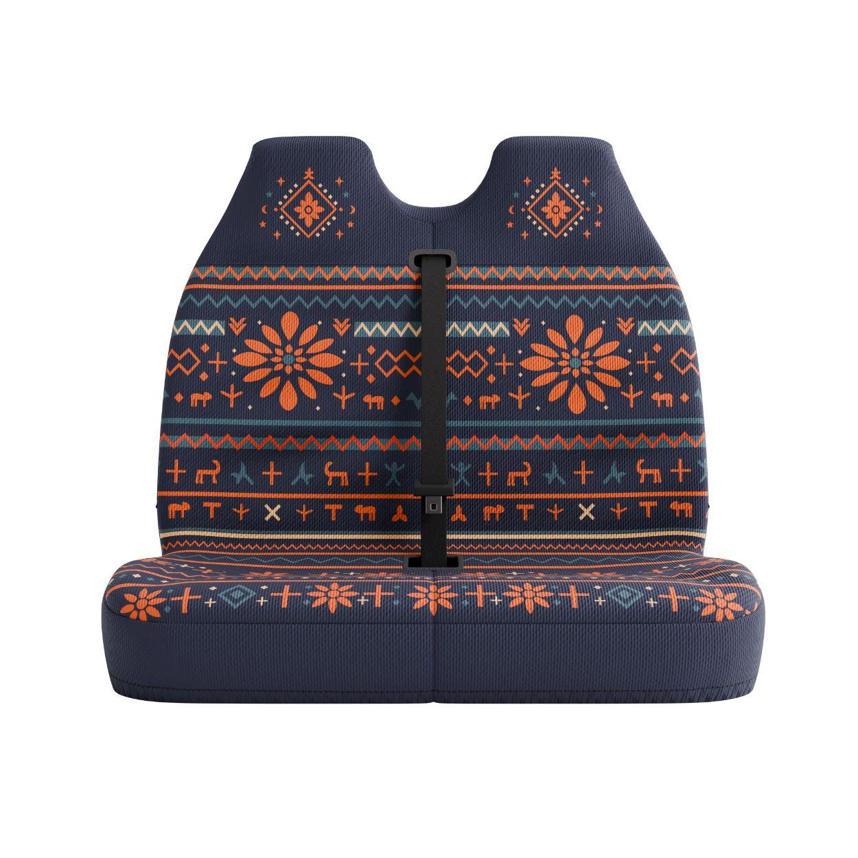 Mana double front seat cover by Solara Covers for van bench seats and campers — waterproof navy folk print with deer motifs design