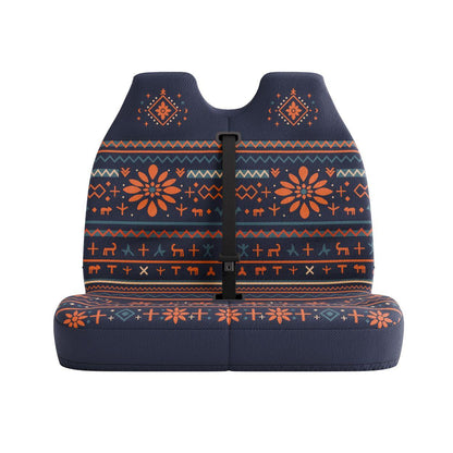 Mana double front seat cover by Solara Covers for van bench seats and campers — waterproof navy folk print with deer motifs design