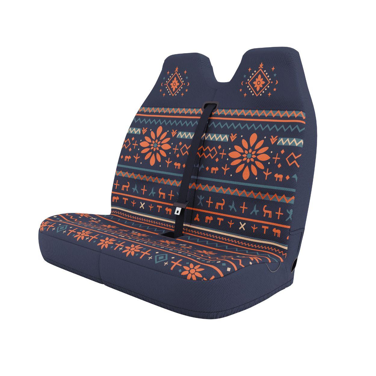Mana double front cover styled in van interior — navy folk print with deer motifs bench seat protection | Solara Covers