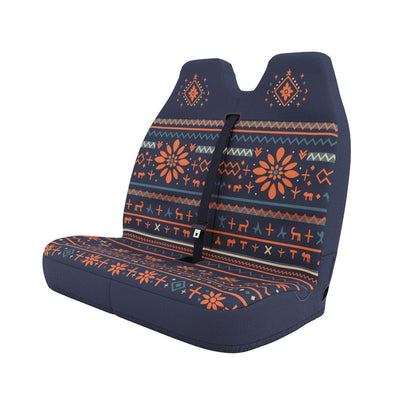 Mana double front cover styled in van interior — navy folk print with deer motifs bench seat protection | Solara Covers