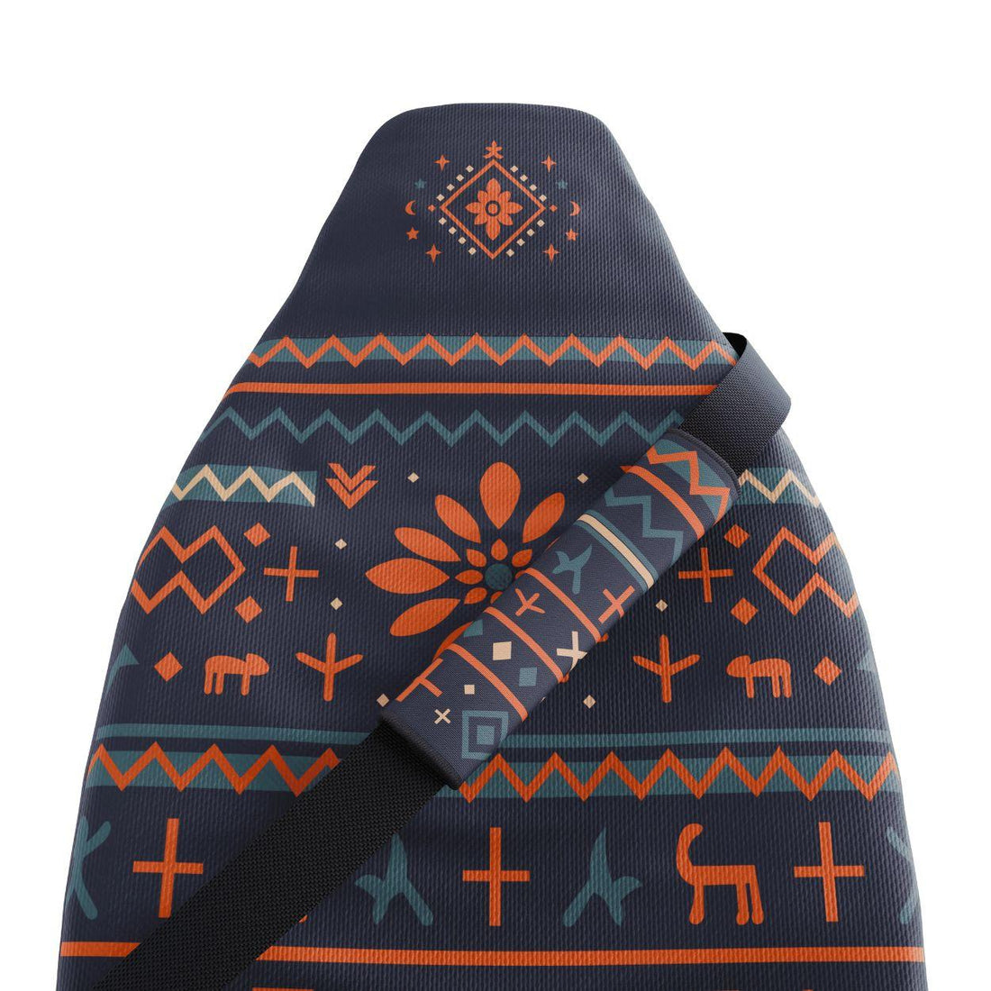 Mana seat belt covers pair installed in van — navy folk print with deer motifs padded sleeves | Solara Covers
