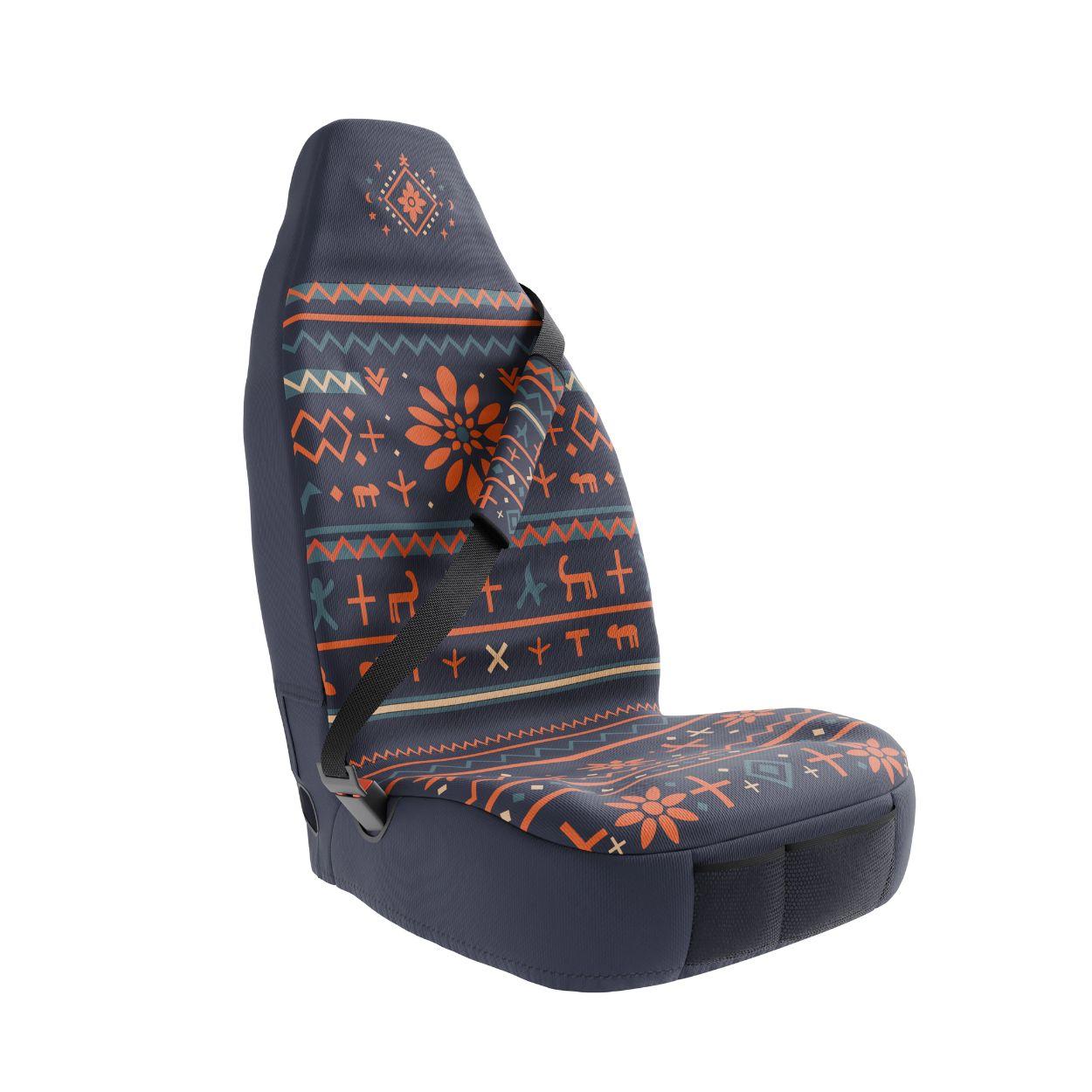 Mana padded seat belt covers by Solara Covers for cars, vans and SUVs — waterproof navy folk print with deer motifs design