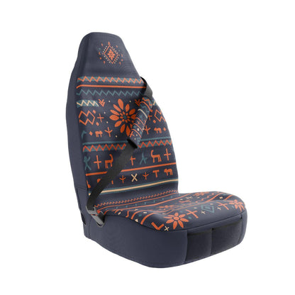 Mana padded seat belt covers by Solara Covers for cars, vans and SUVs — waterproof navy folk print with deer motifs design