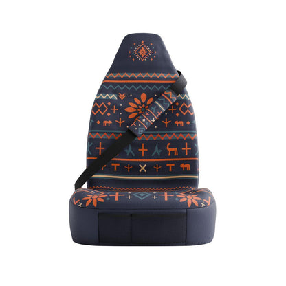 Mana seat belt sleeves styled in vehicle interior — navy folk print with deer motifs padded comfort | Solara Covers