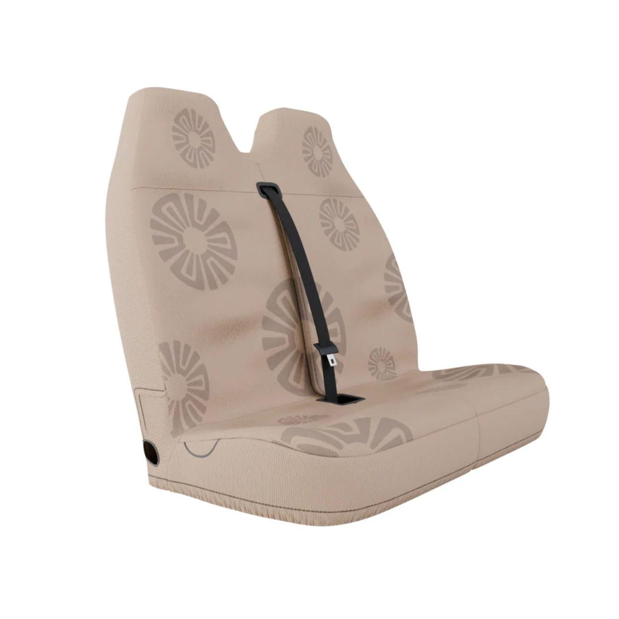 Sand double front seat cover installed on van bench — minimalist beige finish | Solara Covers