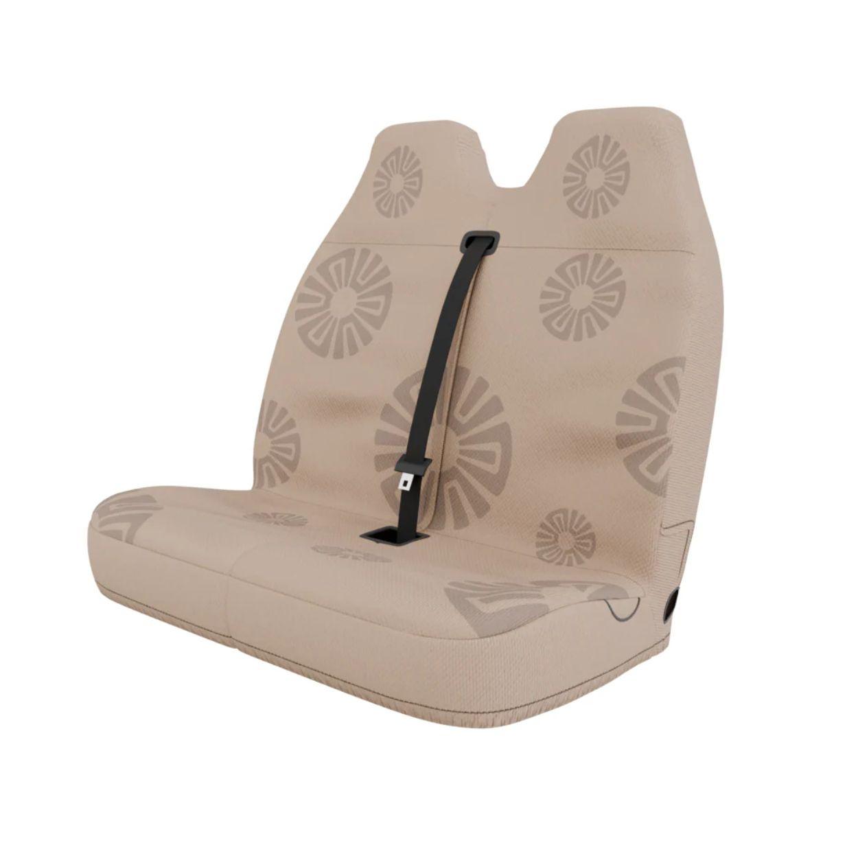 Sand double front cover styled in van interior — minimalist beige bench seat protection | Solara Covers