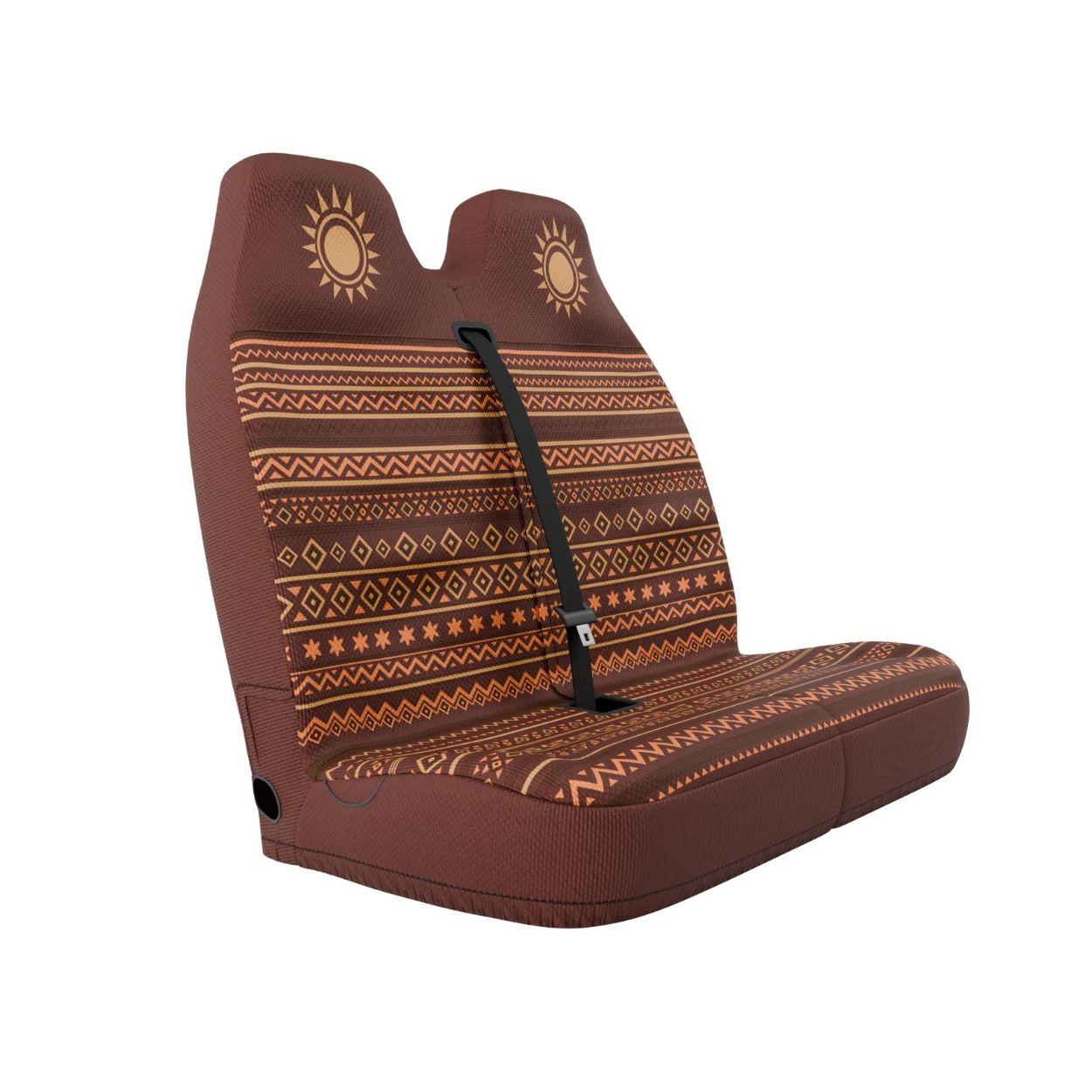 Savana double front seat cover installed on van bench — brown and rust Aztec print | Solara Covers