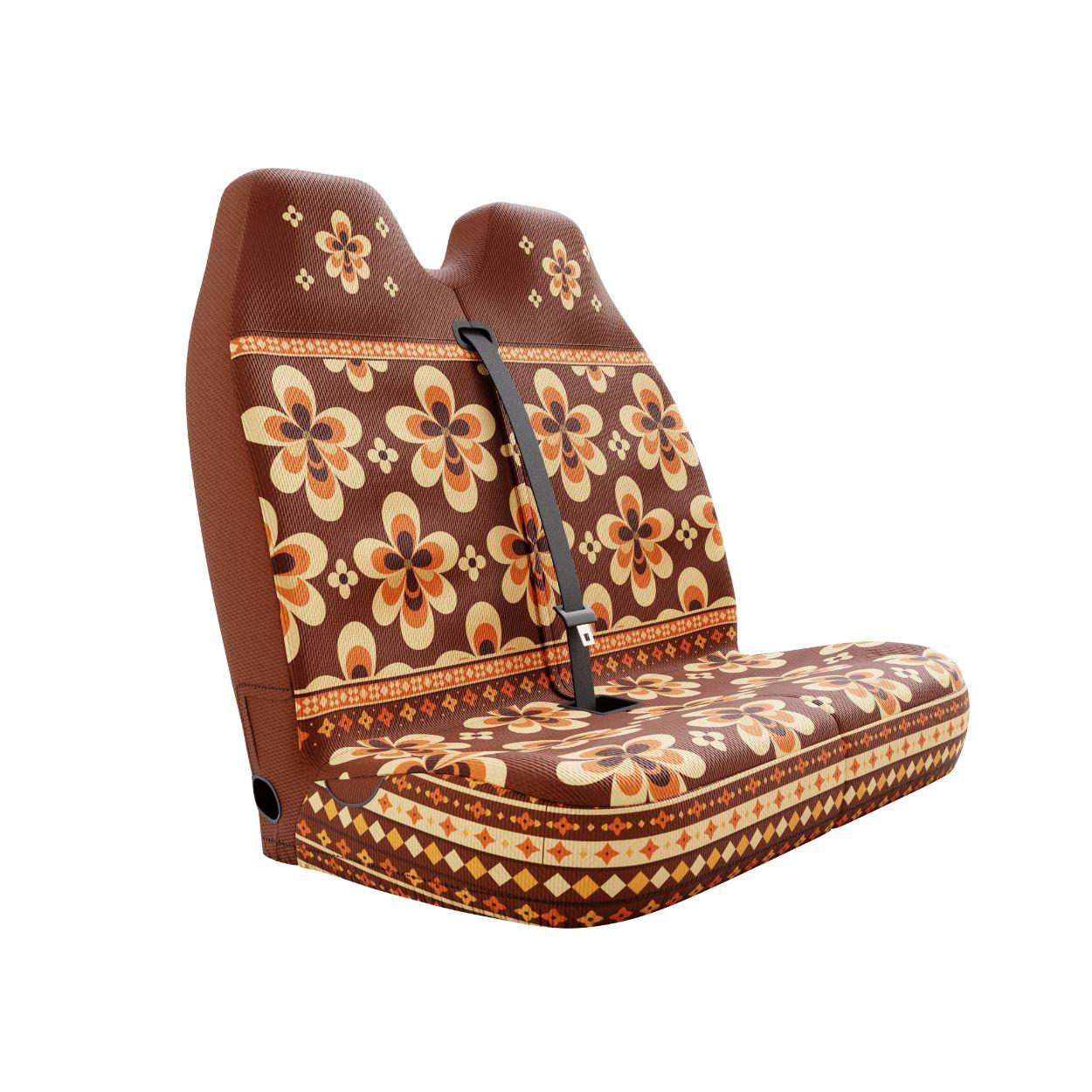 Sedona double front seat cover installed on van bench — red desert floral Aztec print | Solara Covers