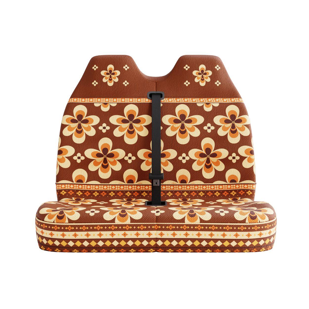 Sedona double front seat cover detail showing red Aztec geometry and folk flowers | Solara Covers