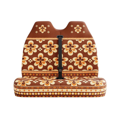 Sedona double front seat cover detail showing red Aztec geometry and folk flowers | Solara Covers