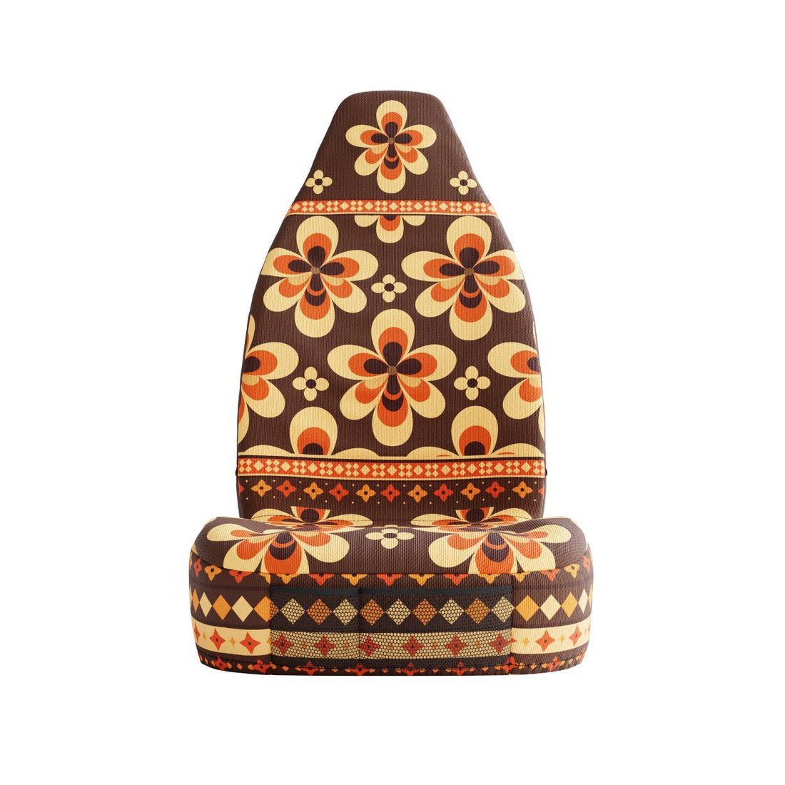 Sedona Aztec seat cover detail showing red geometry and folk-illustrated flowers | Solara Covers
