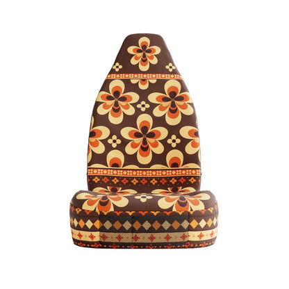 Sedona Aztec seat cover detail showing red geometry and folk-illustrated flowers | Solara Covers