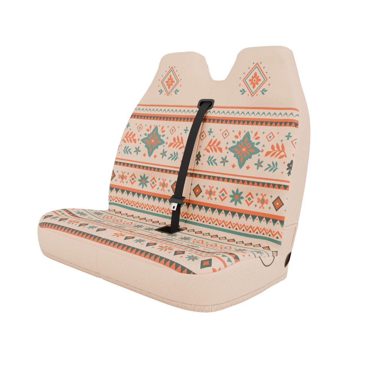 Sierra double front cover styled in van interior — cream, red and teal Southwest bench seat protection | Solara Covers
