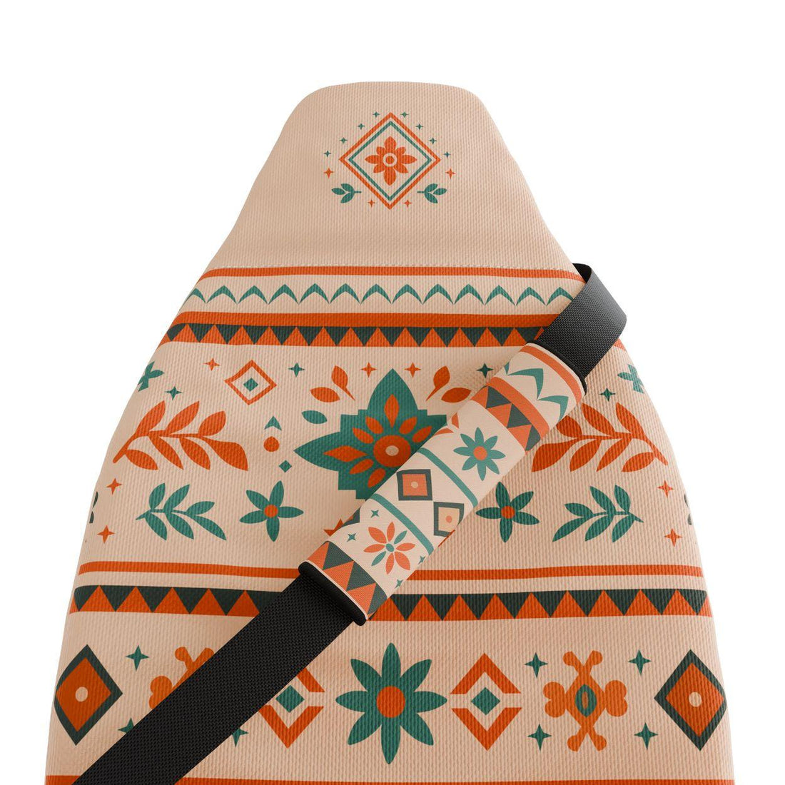 Sierra seat belt covers pair installed in van — cream, red and teal Southwest padded sleeves | Solara Covers