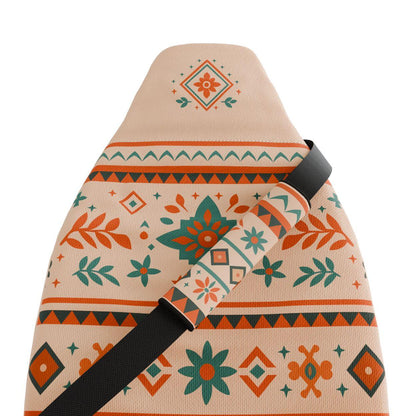 Sierra seat belt covers pair installed in van — cream, red and teal Southwest padded sleeves | Solara Covers