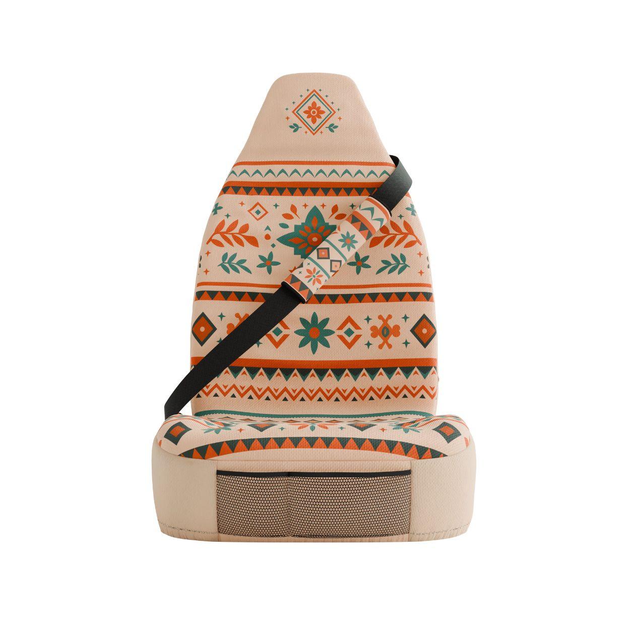 Sierra seat belt sleeves styled in vehicle interior — cream, red and teal Southwest padded comfort | Solara Covers
