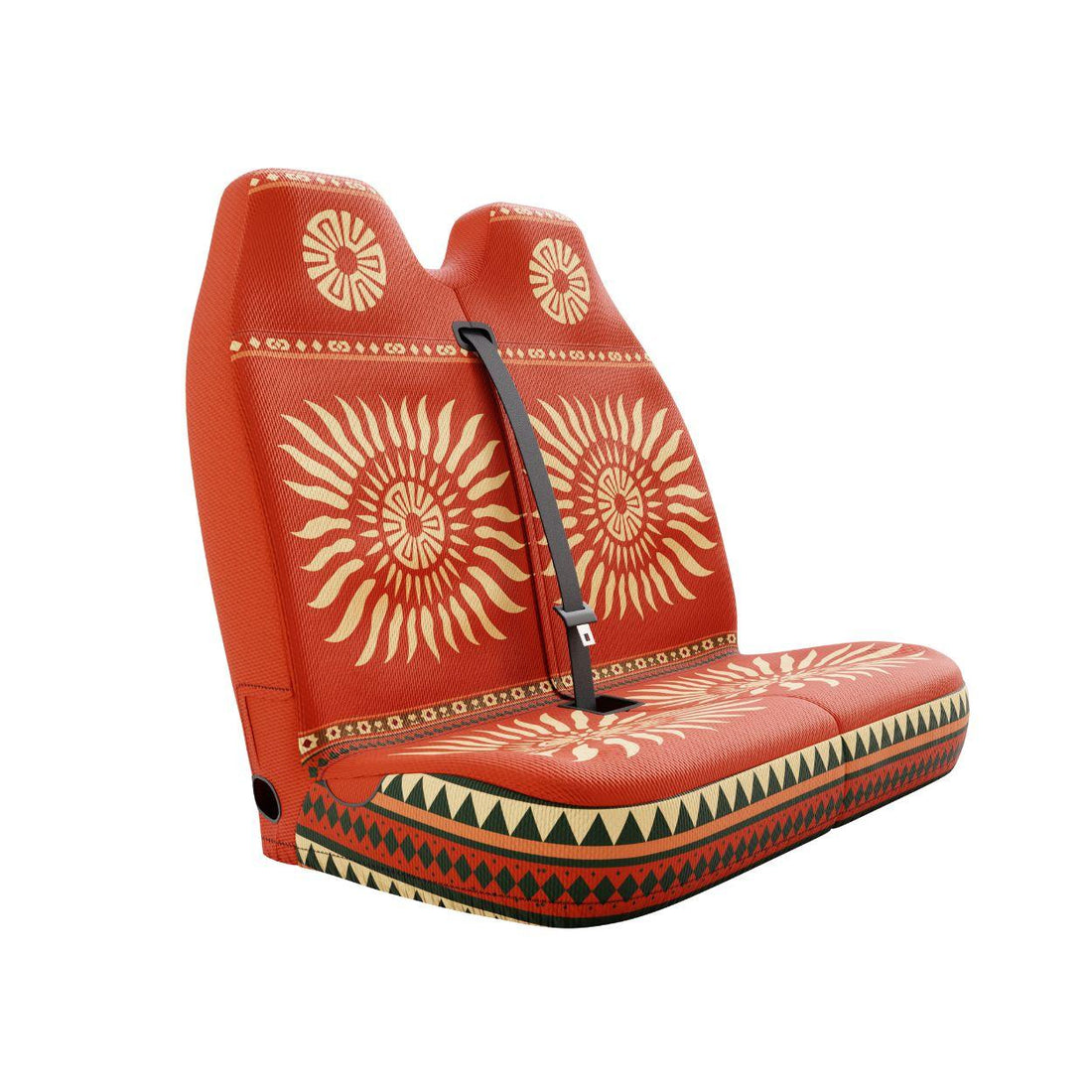 Sol double front seat cover installed on van bench — warm orange Aztec print | Solara Covers