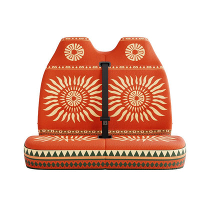Sol double front seat cover detail showing warm orange and red Aztec pattern | Solara Covers