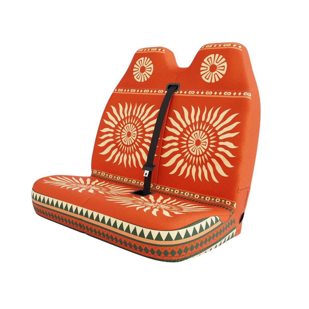 Sol double front seat cover by Solara Covers for van bench seats and campers — waterproof Aztec design