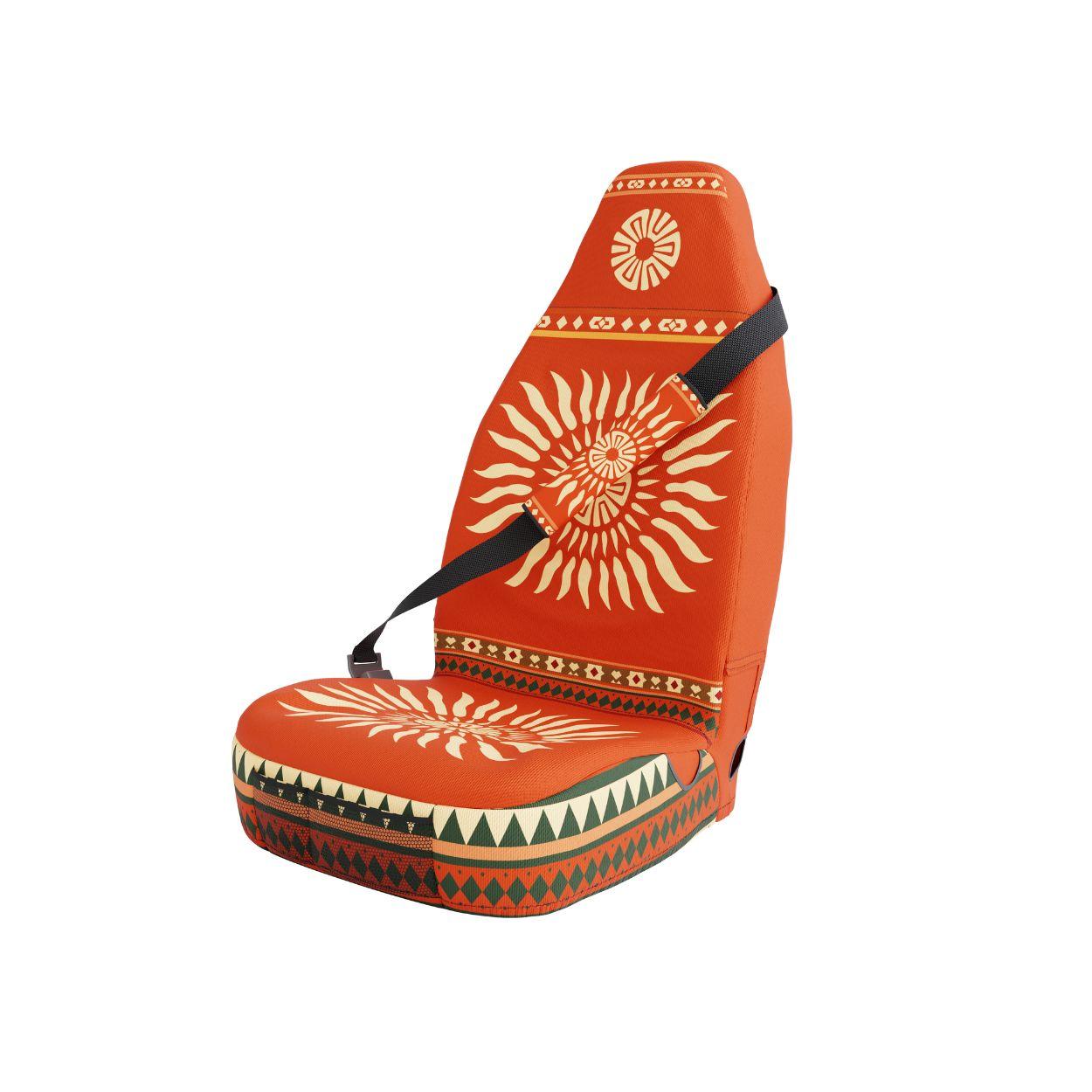Sol Aztec seat belt sleeves styled in vehicle interior — orange padded comfort | Solara Covers