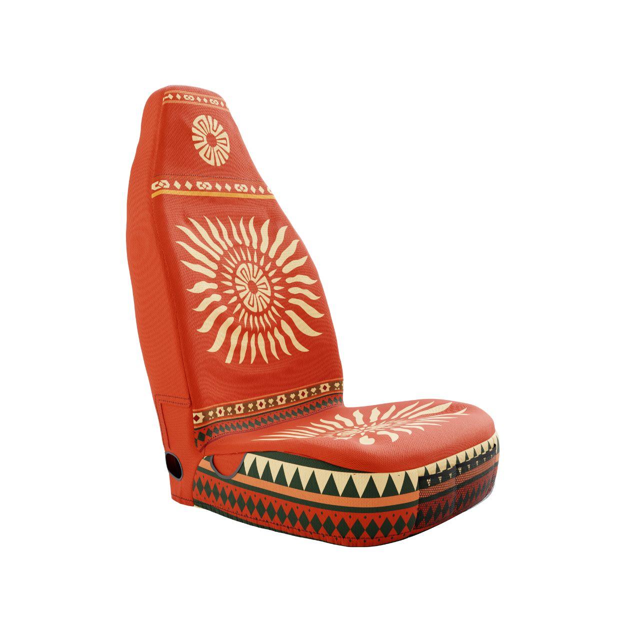 Sol single seat cover installed in van — warm orange and red Aztec print | Solara Covers