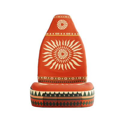 Sol Aztec seat cover detail showing warm orange and red geometric pattern | Solara Covers