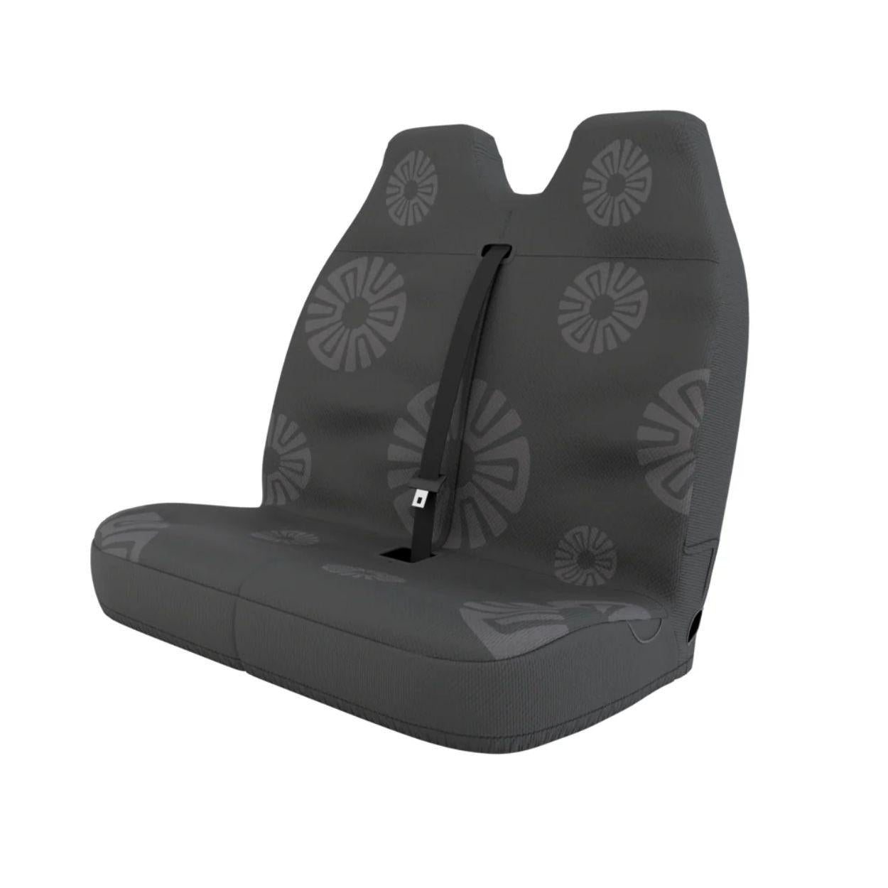 Stone Grey double front cover styled in van interior — charcoal grey bench seat protection | Solara Covers