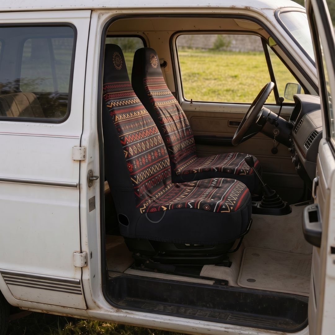 Solara Luna Aztec universal seat cover - black multicolor lifestyle shot