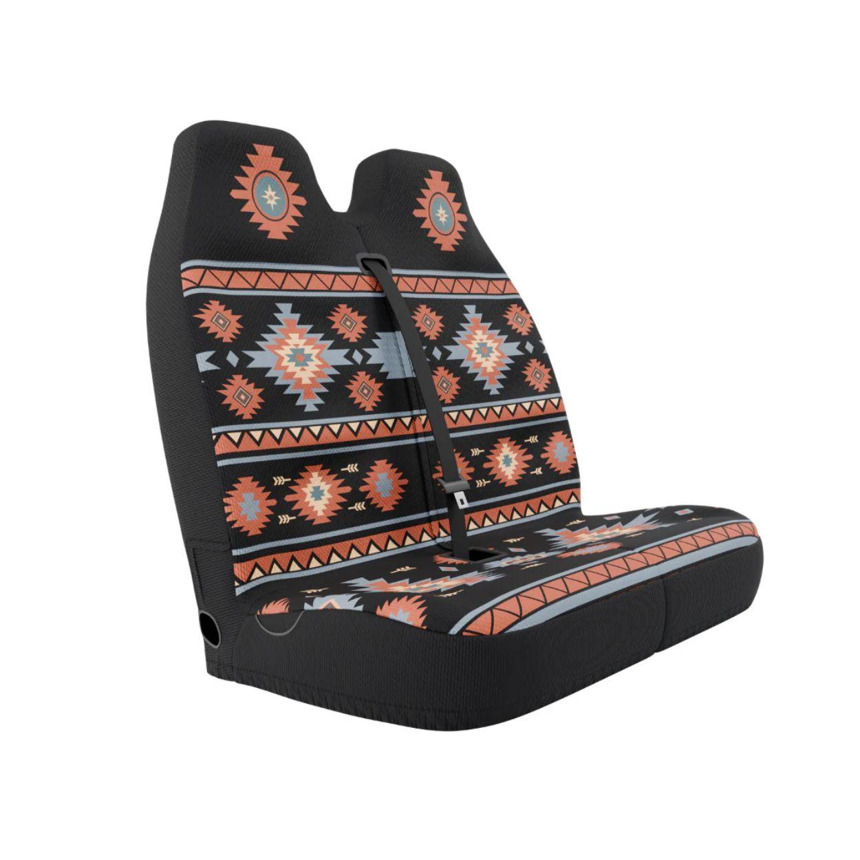 Zara double front seat cover installed on van bench — black, red and orange Aztec print | Solara Covers