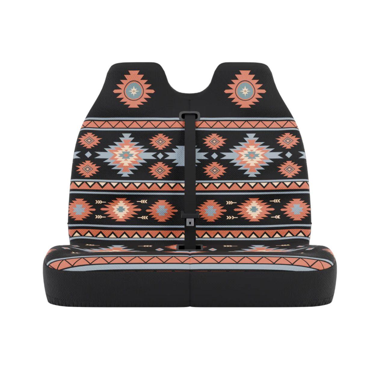 Zara double front seat cover by Solara Covers for van bench seats and campers — waterproof black, red and orange design