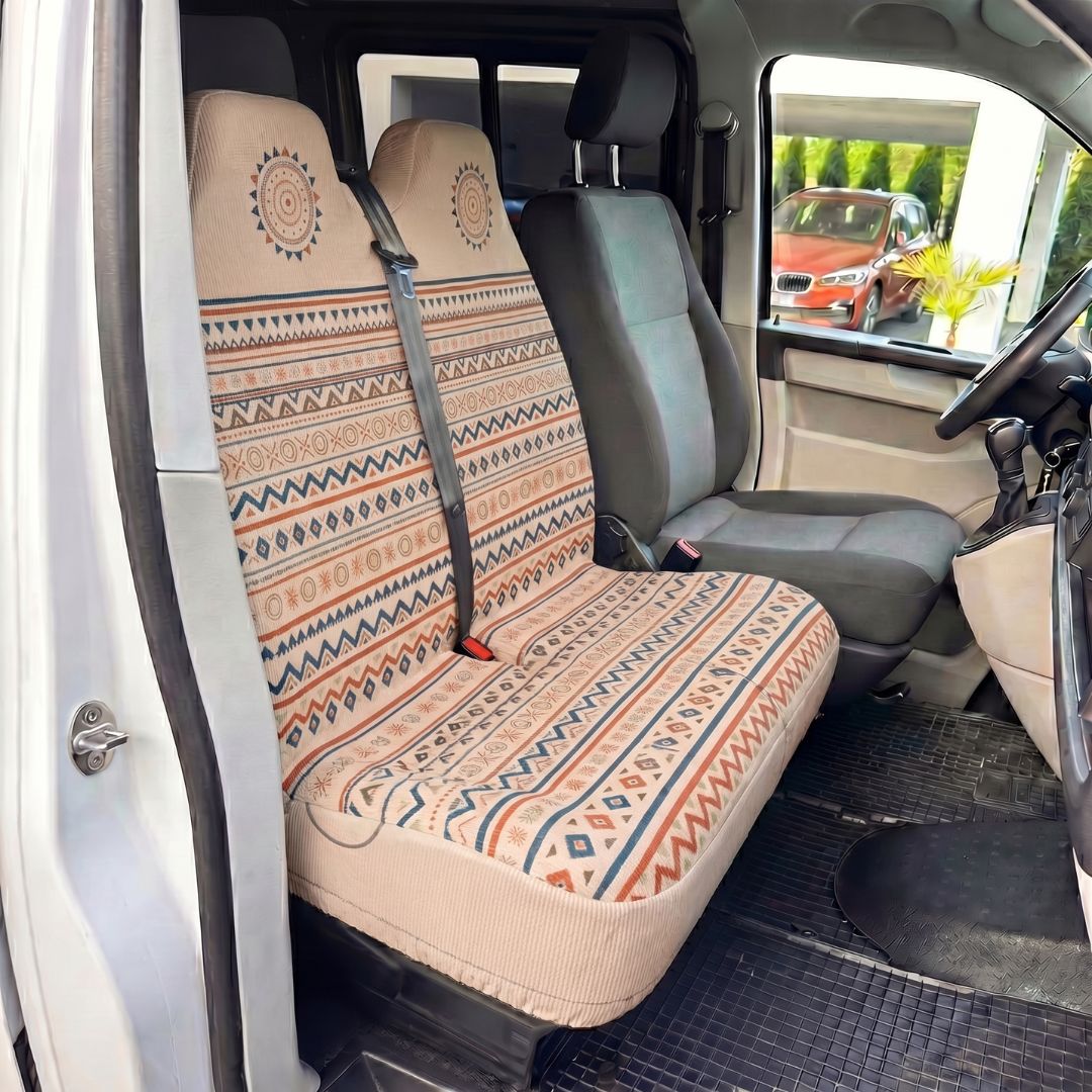 Solara Aria Aztec double front seat cover - cream &amp; red lifestyle shot
