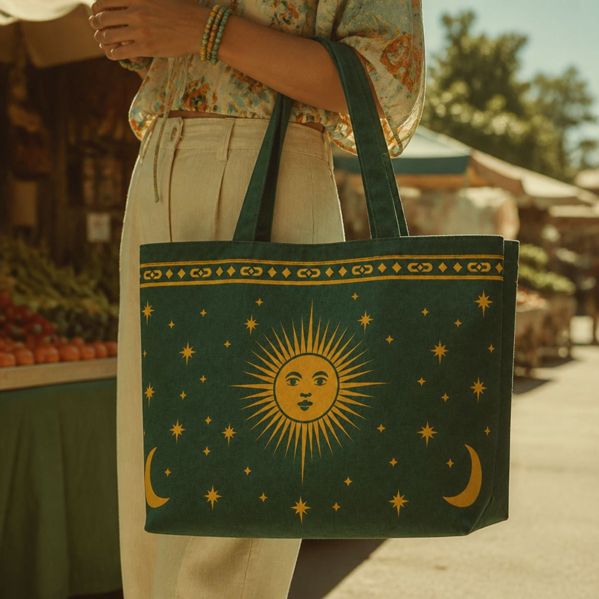 Astra sun-and-moon tote bag carried at a street market