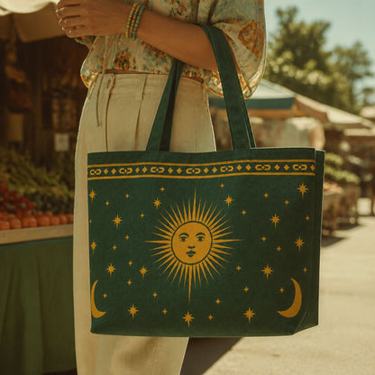 Astra sun-and-moon tote bag carried at a street market