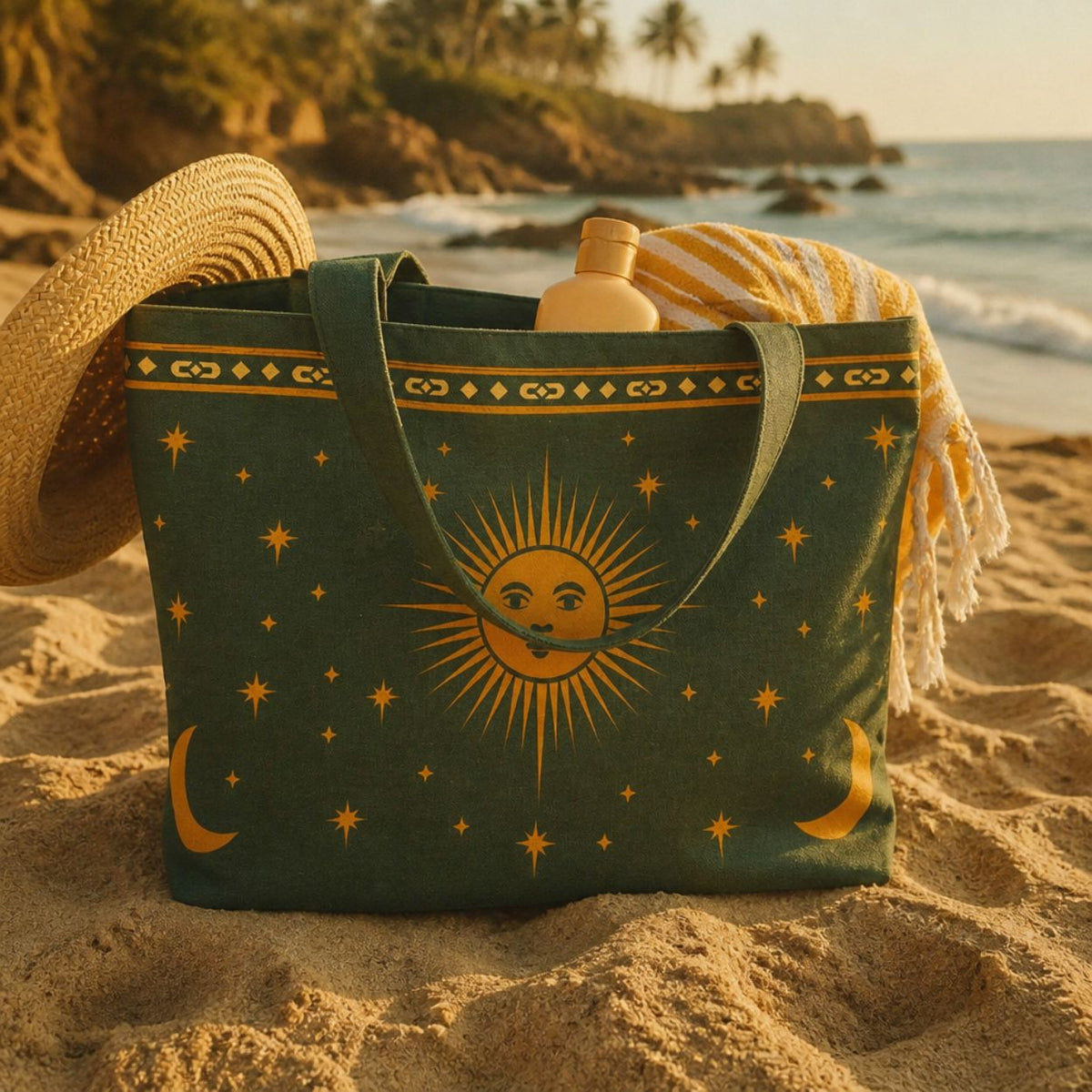 Astra tote bag on the beach packed with a straw hat, towel and sunscreen