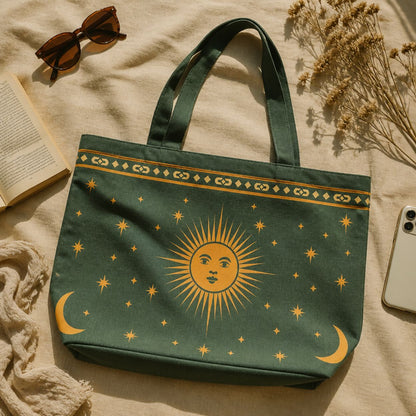 Astra tote bag flat lay with sunglasses and dried flowers