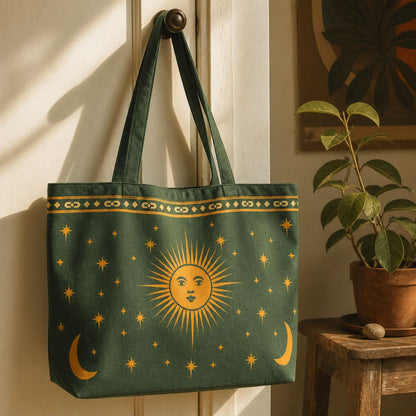Astra green celestial tote bag hanging beside a potted plant