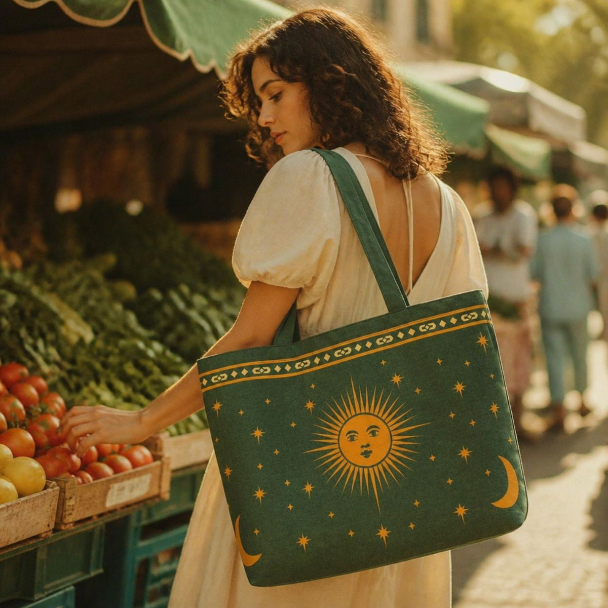 Astra tote bag carried through the farmers market