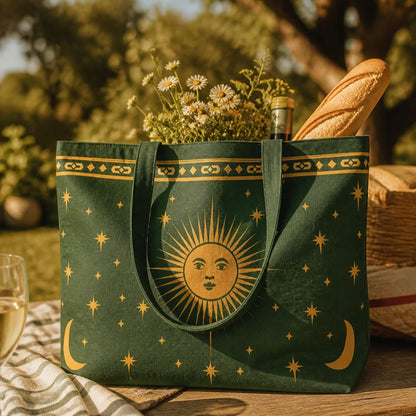 Astra tote bag on a garden table with wildflowers and a baguette