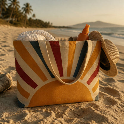 Aurora sunburst tote bag on the beach packed with a towel, sunscreen and straw hat