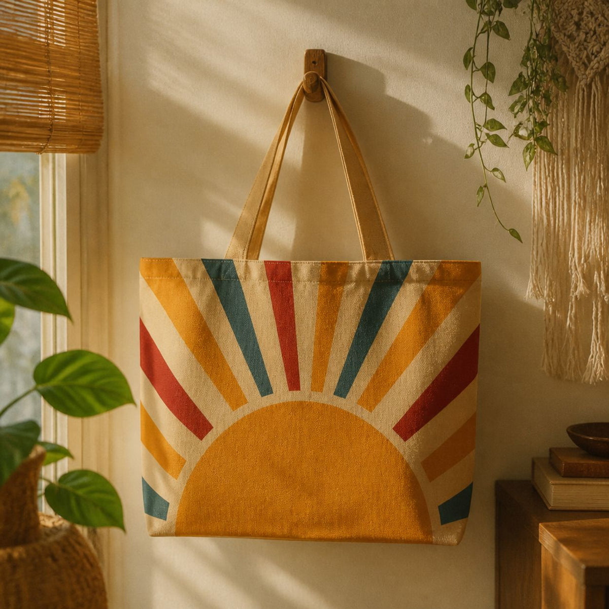 Aurora tote bag hanging on a wall hook beside trailing plants