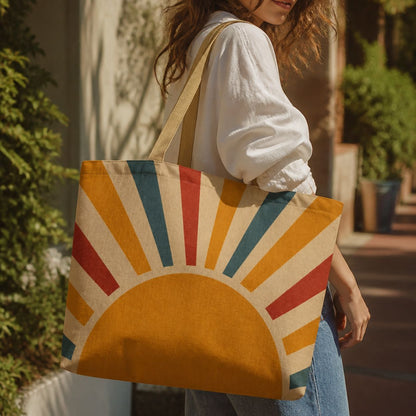 Aurora retro sunburst tote bag carried over the shoulder in a white blouse
