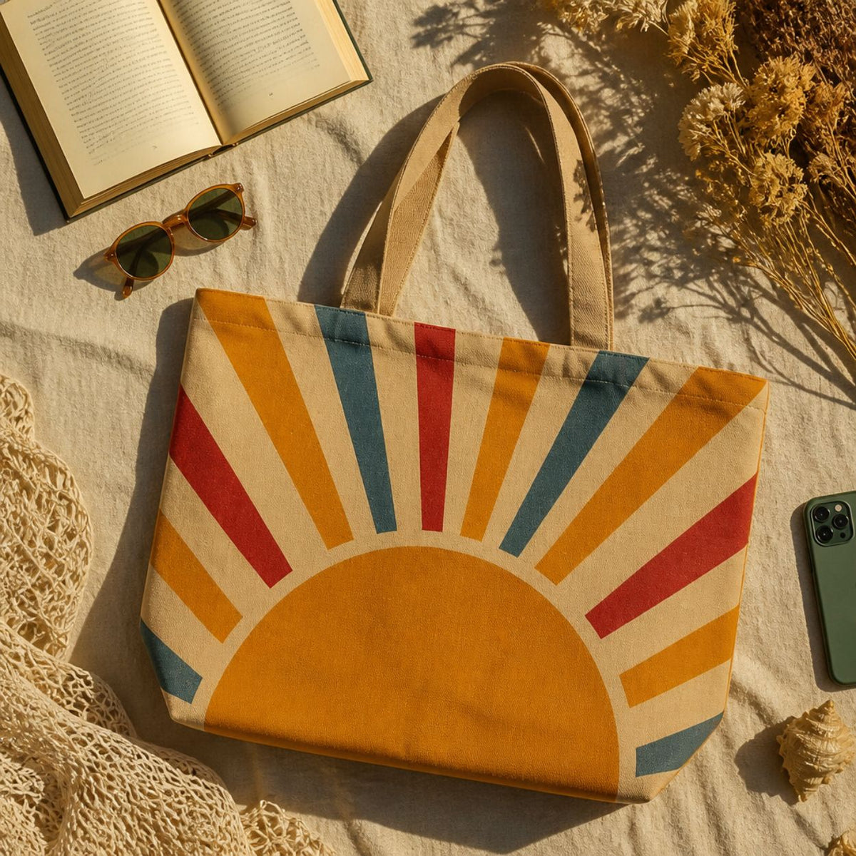 Aurora tote bag flat lay with an open book, sunglasses and dried flowers